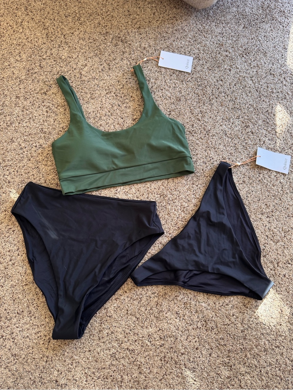 Quince Palm Green Scoop Bralette with Two Black Bikini Bottoms Set